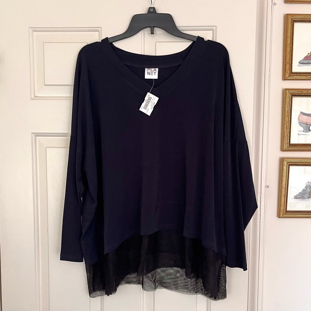 Planet by Lauren G Navy Microfiber Mesh Blouse NWT